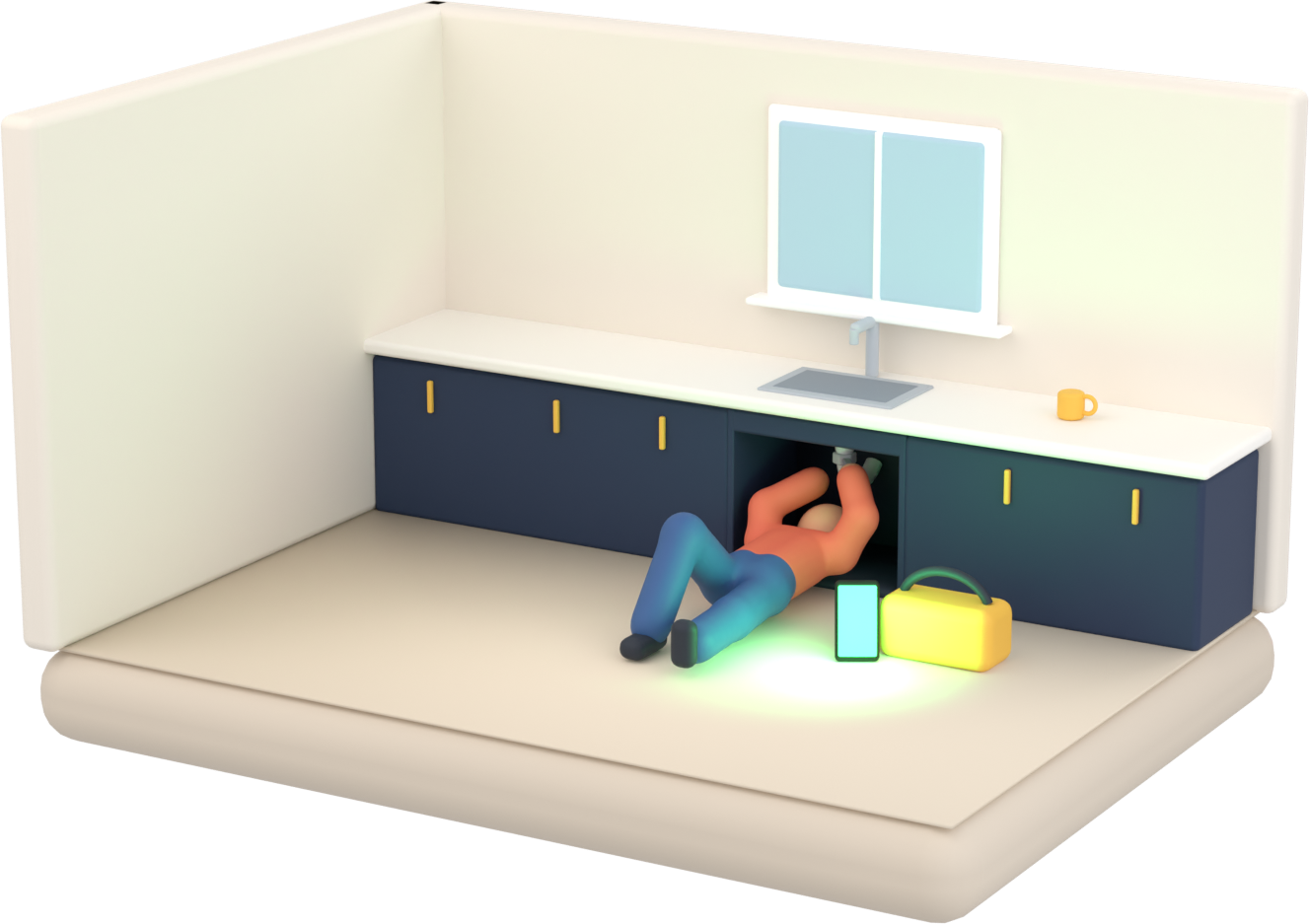 a plumber under a sink on the job while Juniper handles the call